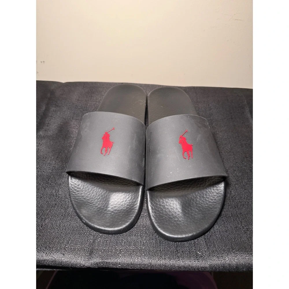 Polo Ralph Lauren Cayson Slides Mens Black Red Pony Logo Sandals